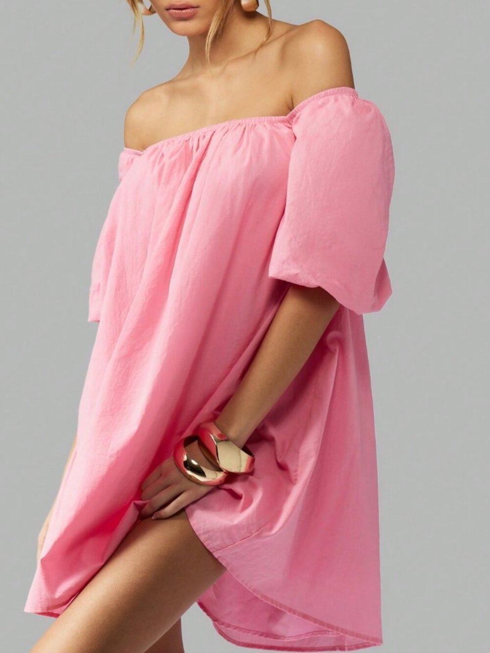 Pink Casual Women's Off-Shoulder Puff Sleeve Mini A-Line Party Dress - Picture 3 of 7